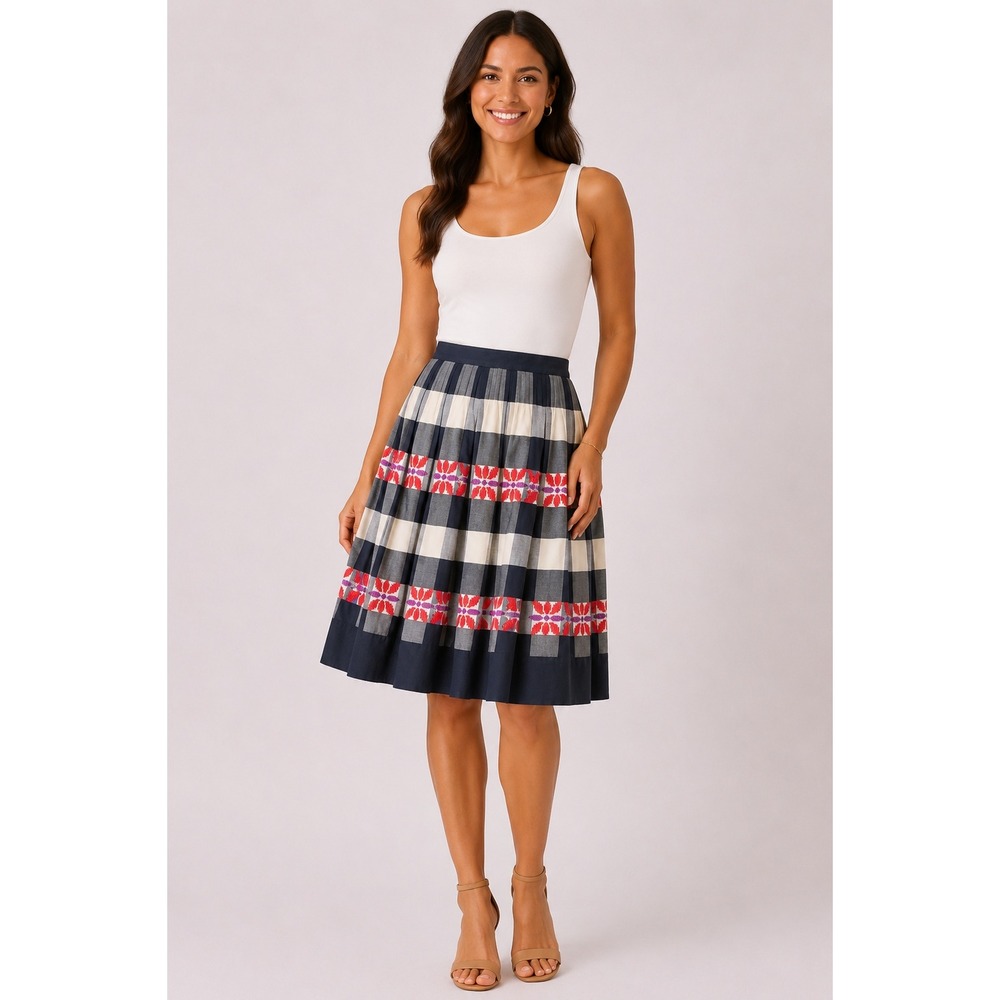 Floreat Anthropologie Plaid Embroidered Cotton A-Line Skirt Navy White Red 6